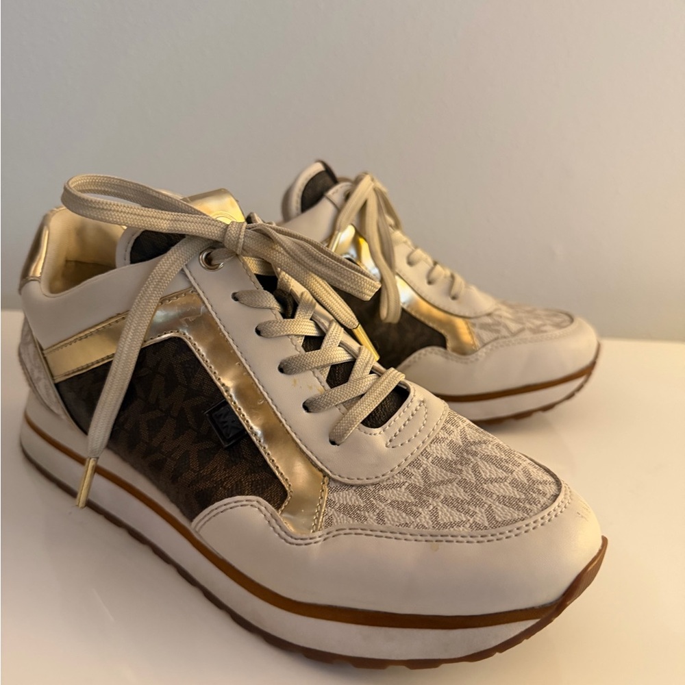 Michael Kors Cream & Gold MK Logo Lace-Up Sneakers, Womens 8